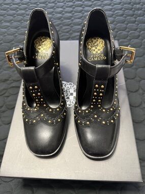 Vince Camuto Black Leather T-Strap Pumps with Gold Studs